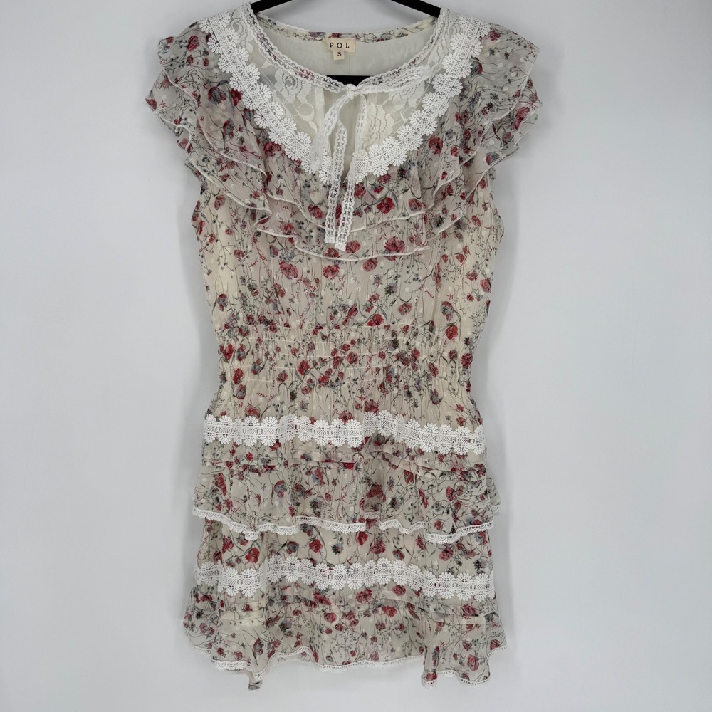 POL COQUETTE JARDIN DAINTY FLORAL TIERED‎ MINI DRESS LACE RUFFLE SMALL